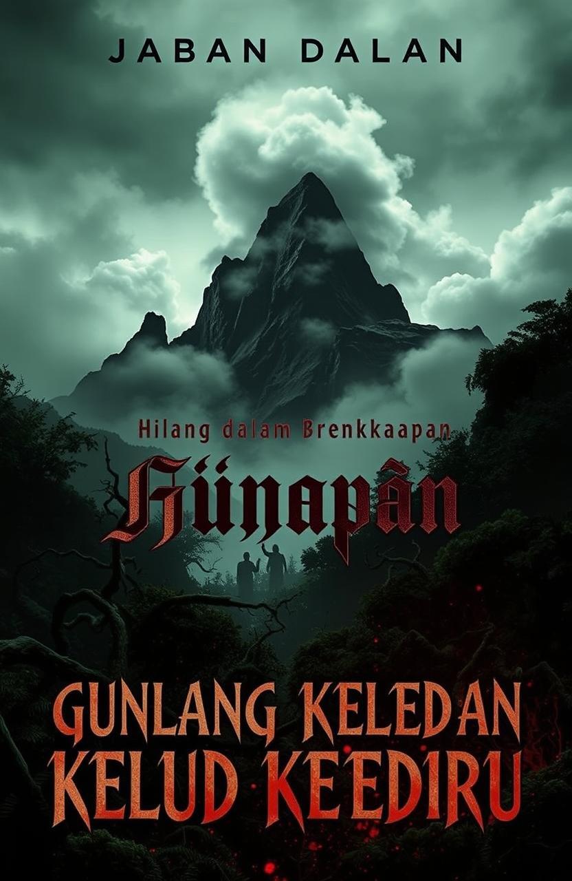 A chilling book cover design for a horror novel titled 'Hilang dalam Dekapan Gunung Kelud Kediri'