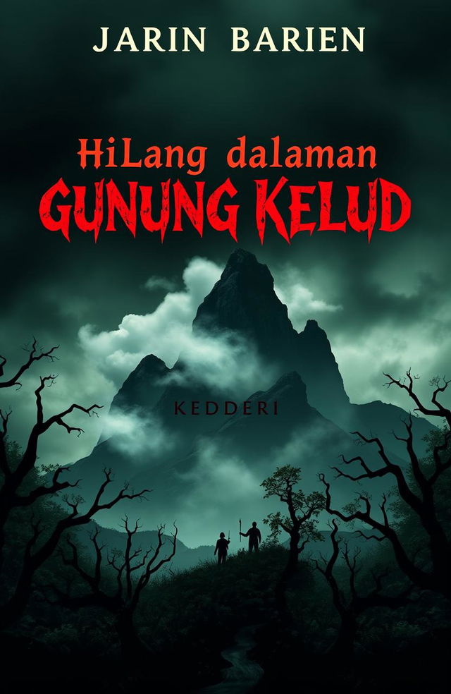 A chilling book cover design for a horror novel titled 'Hilang dalam Dekapan Gunung Kelud Kediri'