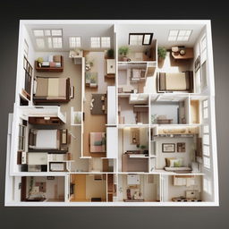 A detailed blueprint of an architecturally sound three-bedroom set, utilizing space efficiently and designating areas for furniture placement.