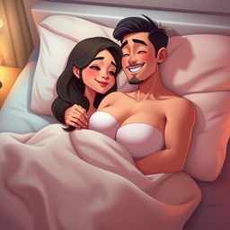 An animated image of a husband and wife cuddling in bed, showcasing a warm, intimate atmosphere