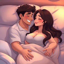 An animated image of a husband and wife cuddling in bed, showcasing a warm, intimate atmosphere