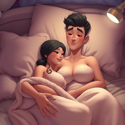 An animated image of a husband and wife cuddling in bed, showcasing a warm, intimate atmosphere