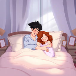 A heartwarming animated scene of a husband and wife cuddling in bed, surrounded by fluffy pillows and a pastel-colored quilt