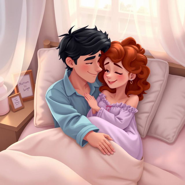 A heartwarming animated scene of a husband and wife cuddling in bed, surrounded by fluffy pillows and a pastel-colored quilt