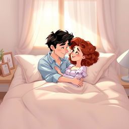 A heartwarming animated scene of a husband and wife cuddling in bed, surrounded by fluffy pillows and a pastel-colored quilt