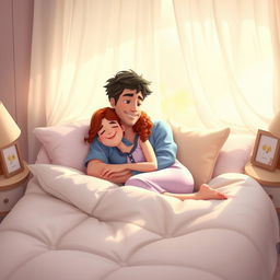 A heartwarming animated scene of a husband and wife cuddling in bed, surrounded by fluffy pillows and a pastel-colored quilt