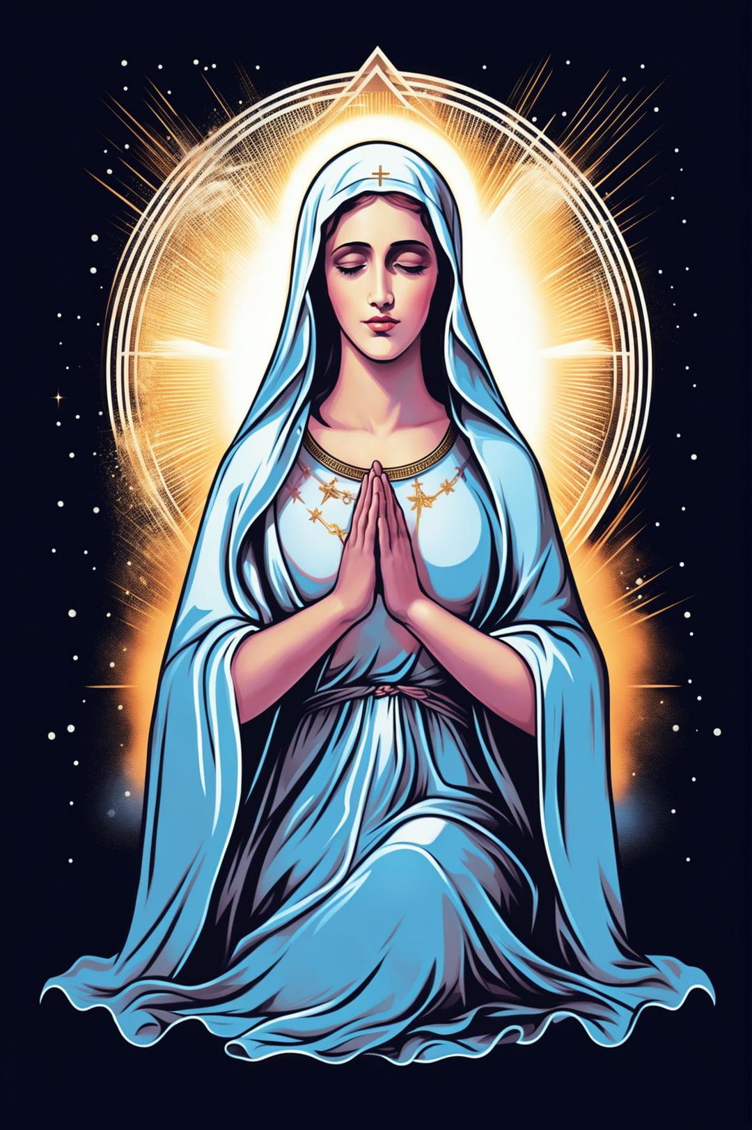 A high-quality digital art of a graphic tee design featuring Mother Mary in prayer, depicted with traditional biblical attire and a radiant halo