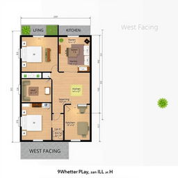 A detailed architectural house plan of a 3BHK (3 Bedrooms, Hall, Kitchen) depicting a west-facing layout