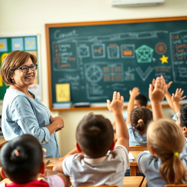 A dedicated school teacher engaging with a classroom of eager students, standing at a chalkboard filled with colorful diagrams