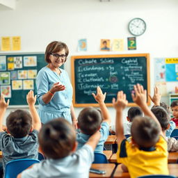 A dedicated school teacher engaging with a classroom of eager students, standing at a chalkboard filled with colorful diagrams