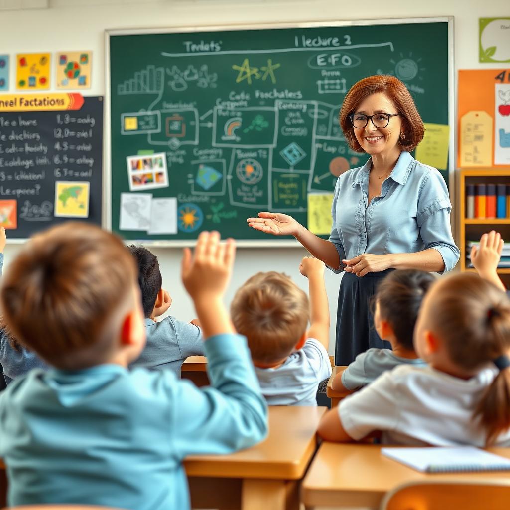 A dedicated school teacher engaging with a classroom of eager students, standing at a chalkboard filled with colorful diagrams