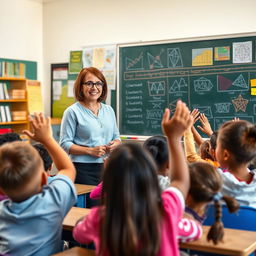 A dedicated school teacher engaging with a classroom of eager students, standing at a chalkboard filled with colorful diagrams