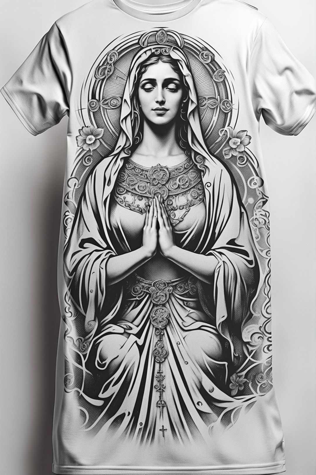 A high-quality graphic t-shirt design featuring a detailed, monochromatic print of Holy Mother Mary, depicted in a traditional style