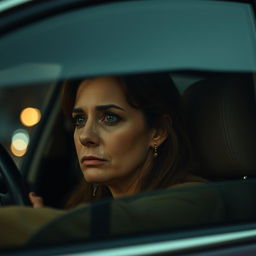 A poignant scene of a woman over 35 years old sitting alone in a car, tears streaming down her face, showcasing a deep emotional expression of sadness