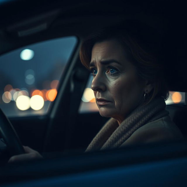 A poignant scene of a woman over 35 years old sitting alone in a car, tears streaming down her face, showcasing a deep emotional expression of sadness