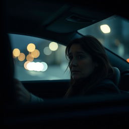 A poignant scene of a woman over 35 years old sitting alone in a car, tears streaming down her face, showcasing a deep emotional expression of sadness