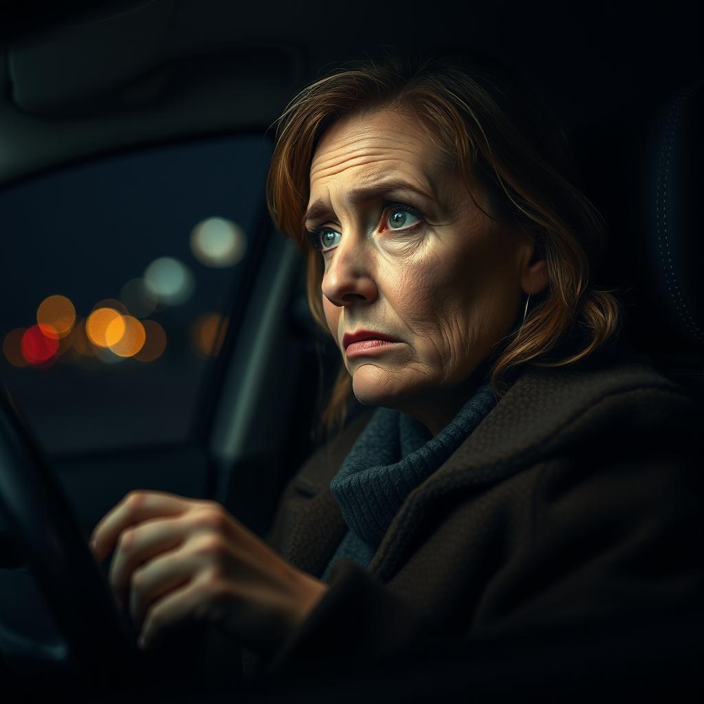 A poignant scene of a woman over 35 years old sitting alone in a car, tears streaming down her face, showcasing a deep emotional expression of sadness