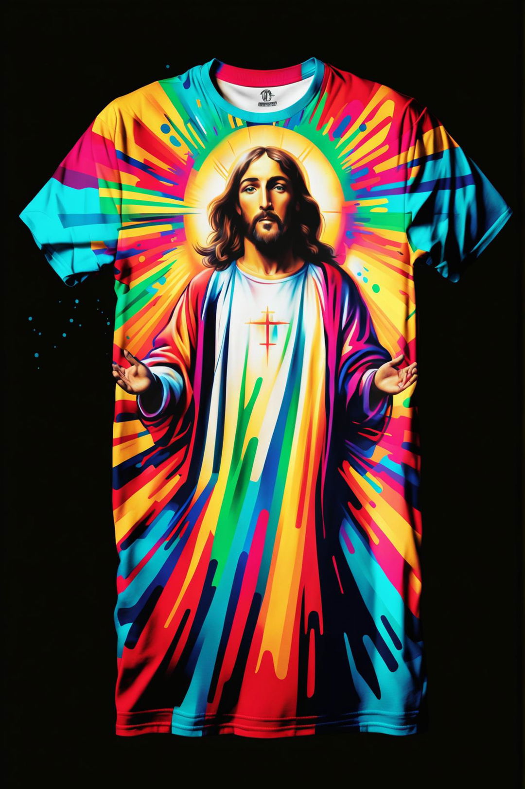 A vibrant, colourful graphic tee design featuring a modern, artistic representation of Jesus Christ