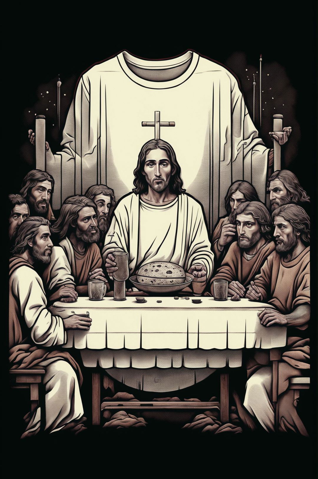 A unique graphic tee design featuring a modern interpretation of the Last Supper