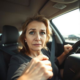 A vertical image of a woman over 35 years old sitting in a car during the daytime, with tears in her eyes and a profound emotional expression of sadness