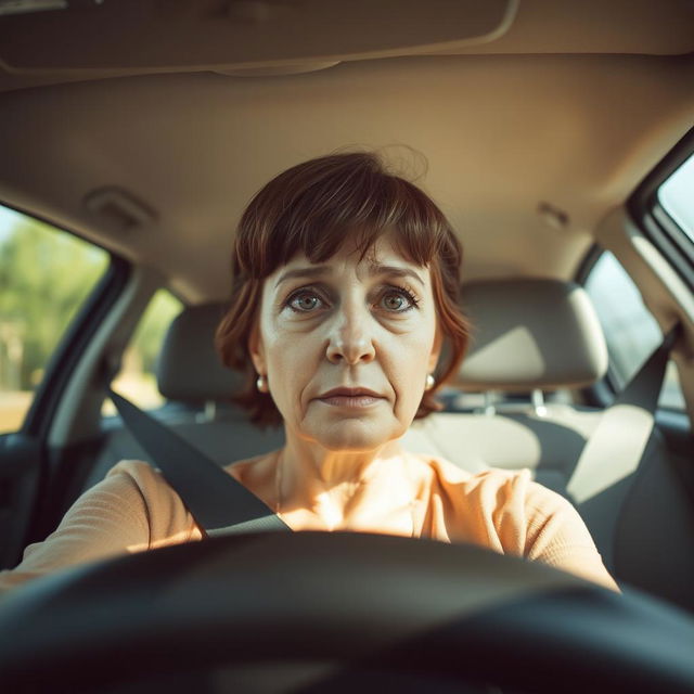 A vertical image of a woman over 35 years old sitting in a car during the daytime, with tears in her eyes and a profound emotional expression of sadness