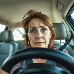 A vertical image of a woman over 35 years old sitting in a car during the daytime, with tears in her eyes and a profound emotional expression of sadness