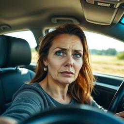 A vertical image of a woman over 35 years old sitting in a car during the daytime, with tears in her eyes and a profound emotional expression of sadness