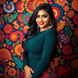 A stunning Indian woman with voluptuous curves, dressed in a stylish, form-fitting outfit that accentuates her figure