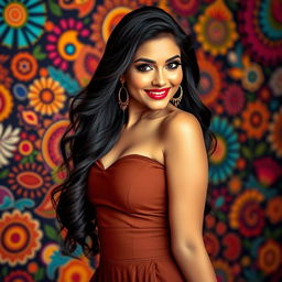 A stunning Indian woman with voluptuous curves, dressed in a stylish, form-fitting outfit that accentuates her figure