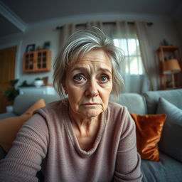 A vertical image of a woman over 35 years old sitting on a sofa in her cozy apartment during the daytime, with a sorrowful expression, red eyes from crying, and a single tear running down her cheek