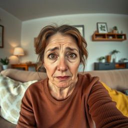 A vertical image of a woman over 35 years old sitting on a sofa in her cozy apartment during the daytime, with a sorrowful expression, red eyes from crying, and a single tear running down her cheek