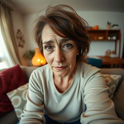 A vertical image of a woman over 35 years old sitting on a sofa in her cozy apartment during the daytime, with a sorrowful expression, red eyes from crying, and a single tear running down her cheek