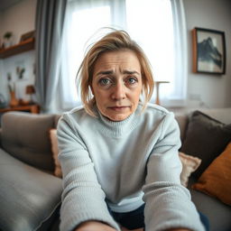 A vertical image of a woman over 35 years old sitting on a sofa in her cozy apartment during the daytime, with a sorrowful expression, red eyes from crying, and a single tear running down her cheek