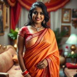 A hot and voluptuous Indian married woman wearing a beautifully draped saree that accentuates her curves, showcasing a tasteful amount of cleavage