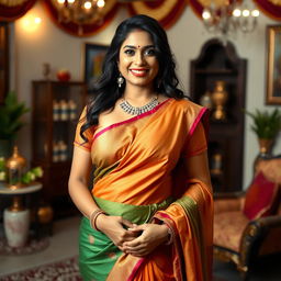 A hot and voluptuous Indian married woman wearing a beautifully draped saree that accentuates her curves, showcasing a tasteful amount of cleavage