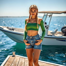 A stunning, alluring blonde young woman with her hair styled in braids, wearing a green long sleeve crop top and short denim shorts, complemented by high heels