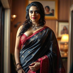 A hot and voluptuous Indian woman wearing a stunning saree that beautifully showcases her figure and highlights her cleavage