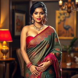 A hot and voluptuous Indian woman wearing a stunning saree that beautifully showcases her figure and highlights her cleavage
