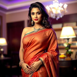 A hot and voluptuous Indian woman wearing a stunning saree that beautifully showcases her figure and highlights her cleavage