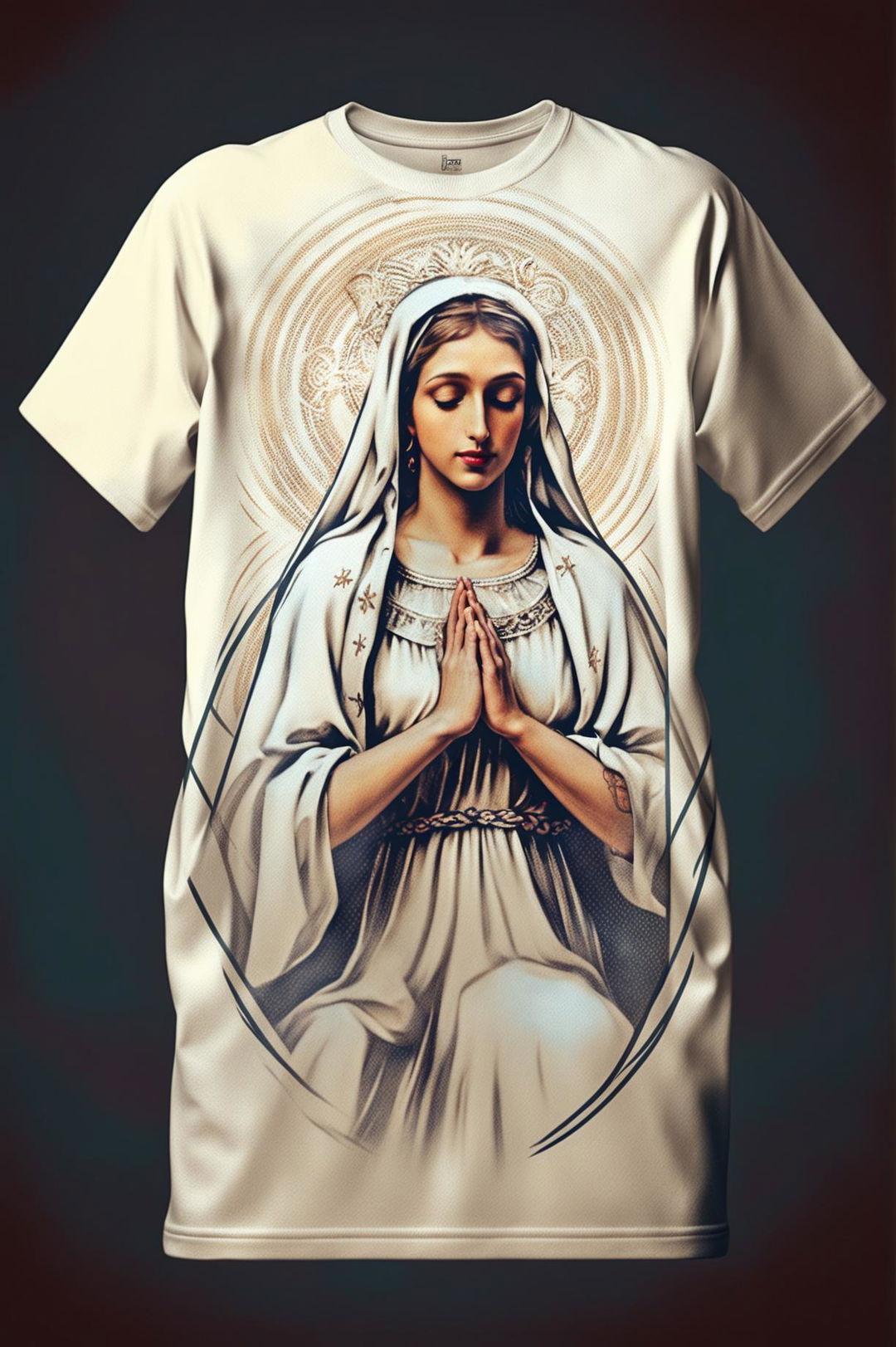 A high-quality graphic t-shirt design featuring a detailed print of Mary, combining traditional religious art and modern graphic design