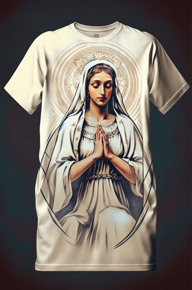 A high-quality graphic t-shirt design featuring a detailed print of Mary, combining traditional religious art and modern graphic design