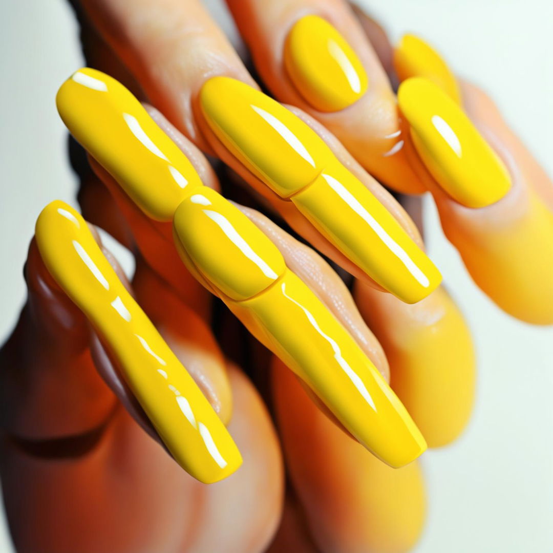 This is a high-quality digital art image featuring a hand with nails painted in a vibrant shade of banana yellow