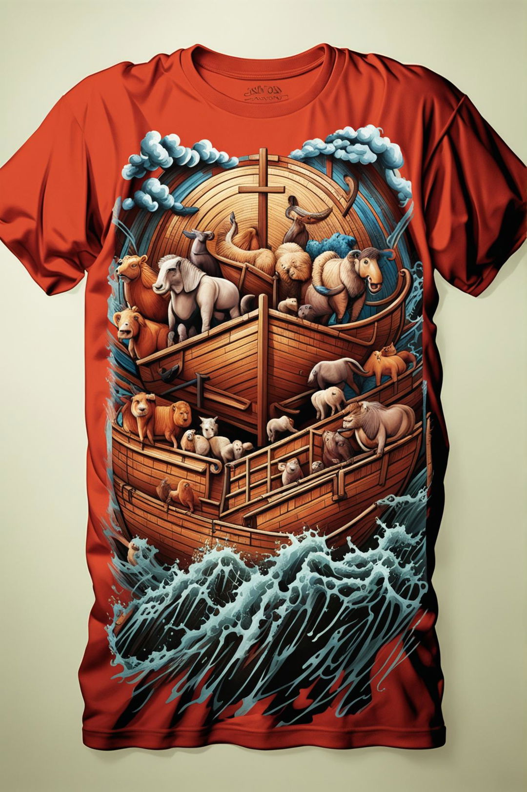 A high-quality graphic t-shirt design featuring a modern interpretation of Noah's Ark