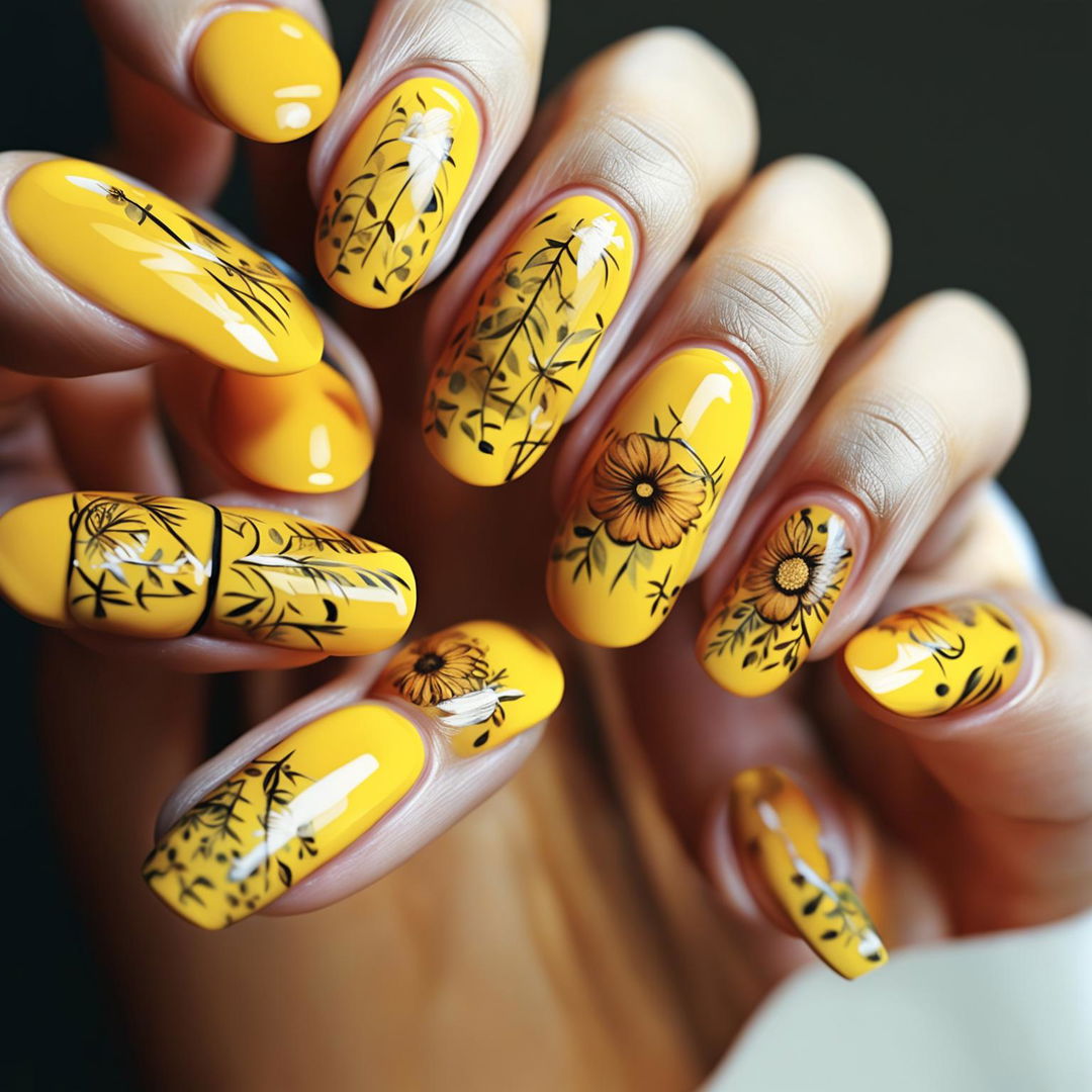 A high-quality digital art image showcasing a hand with nails painted in different shades of yellow, each adorned with charming nail art