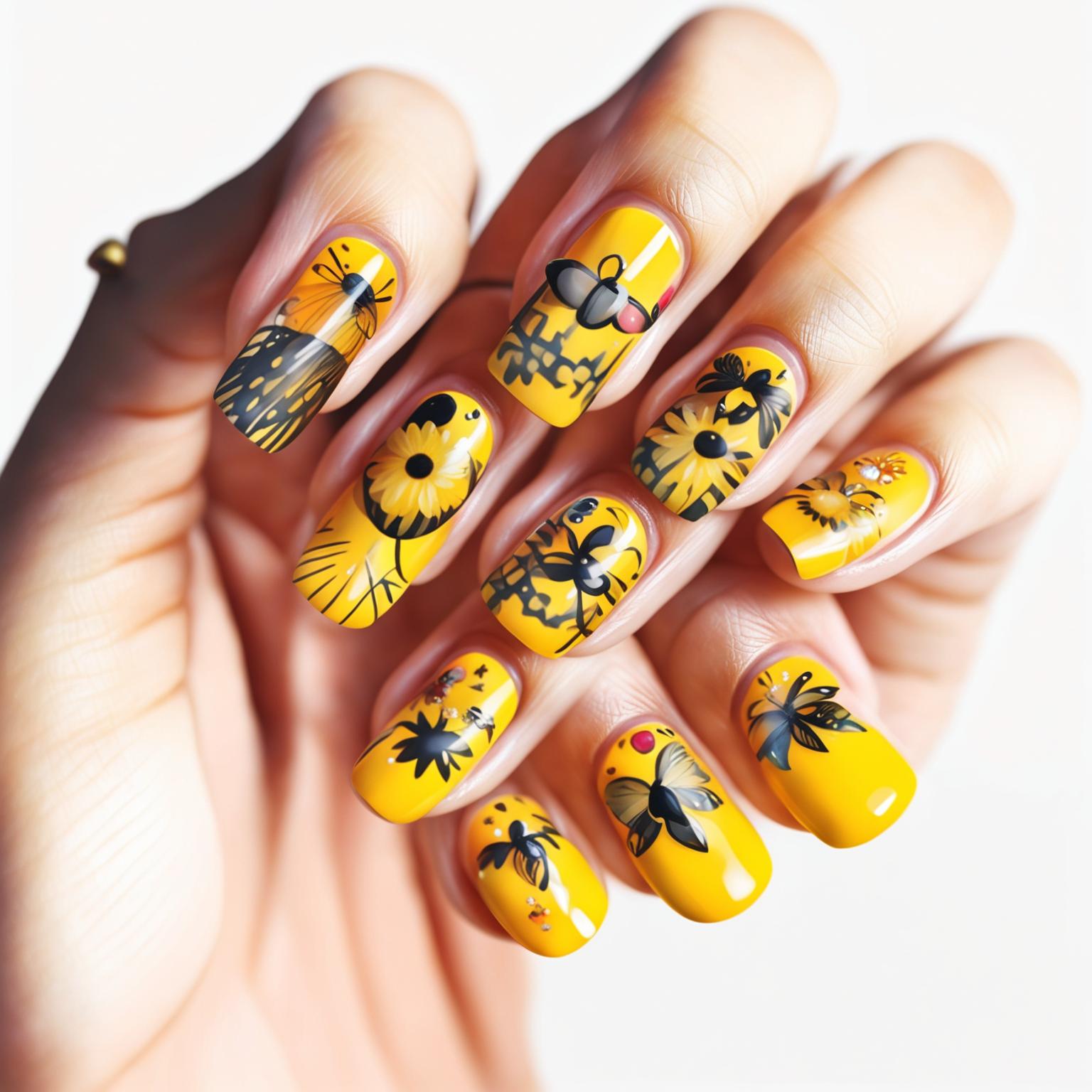This is a high-quality digital art image featuring a hand with nails painted in various shades of yellow, each adorned with unique and cute nail charm designs