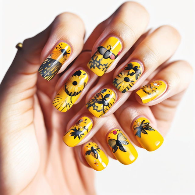 This is a high-quality digital art image featuring a hand with nails painted in various shades of yellow, each adorned with unique and cute nail charm designs