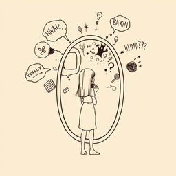 A female character standing in front of a mirror looking blankly into it, surrounded by thought bubbles containing abstract and messy thoughts