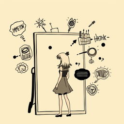 A female character standing in front of a mirror looking blankly into it, surrounded by thought bubbles containing abstract and messy thoughts