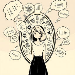 A female character standing in front of a mirror looking blankly into it, surrounded by thought bubbles containing abstract and messy thoughts