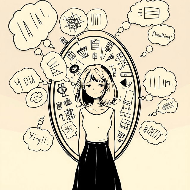 A female character standing in front of a mirror looking blankly into it, surrounded by thought bubbles containing abstract and messy thoughts